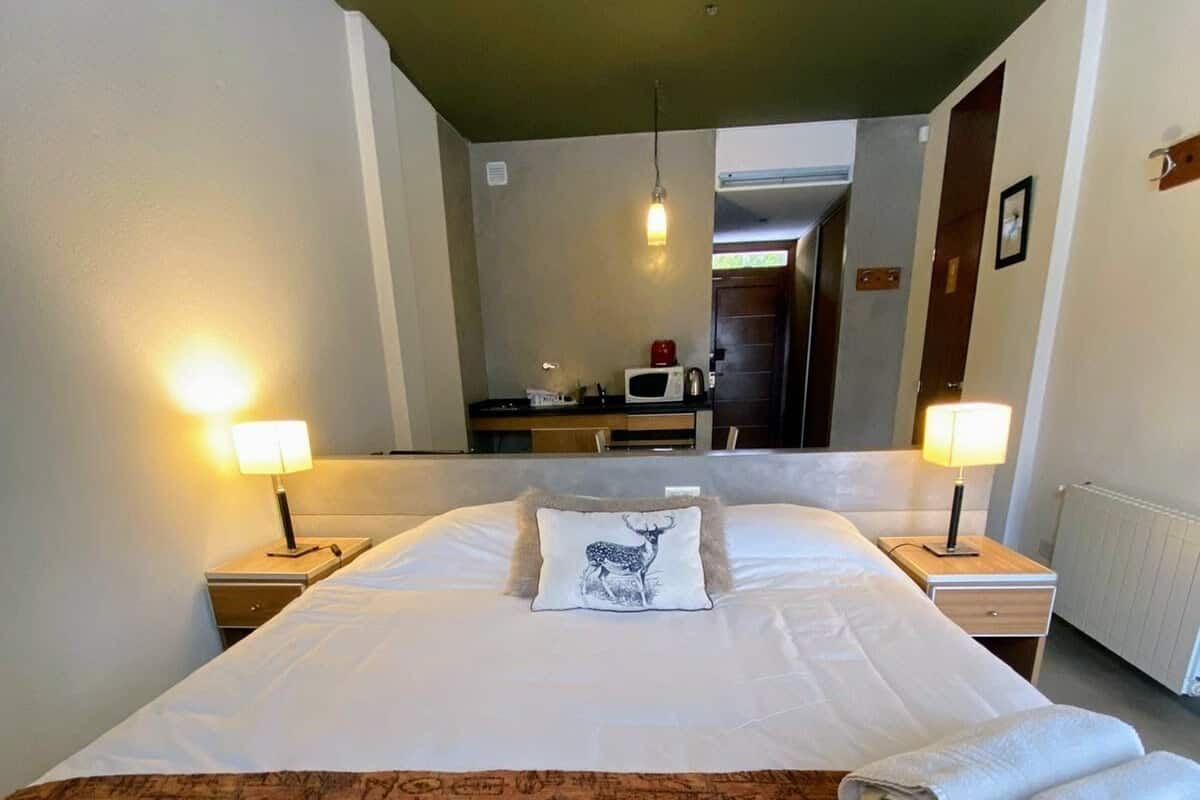 A hotel room with a large bed, two bedside lamps, a nightstand, a microwave, and a view of the hallway.