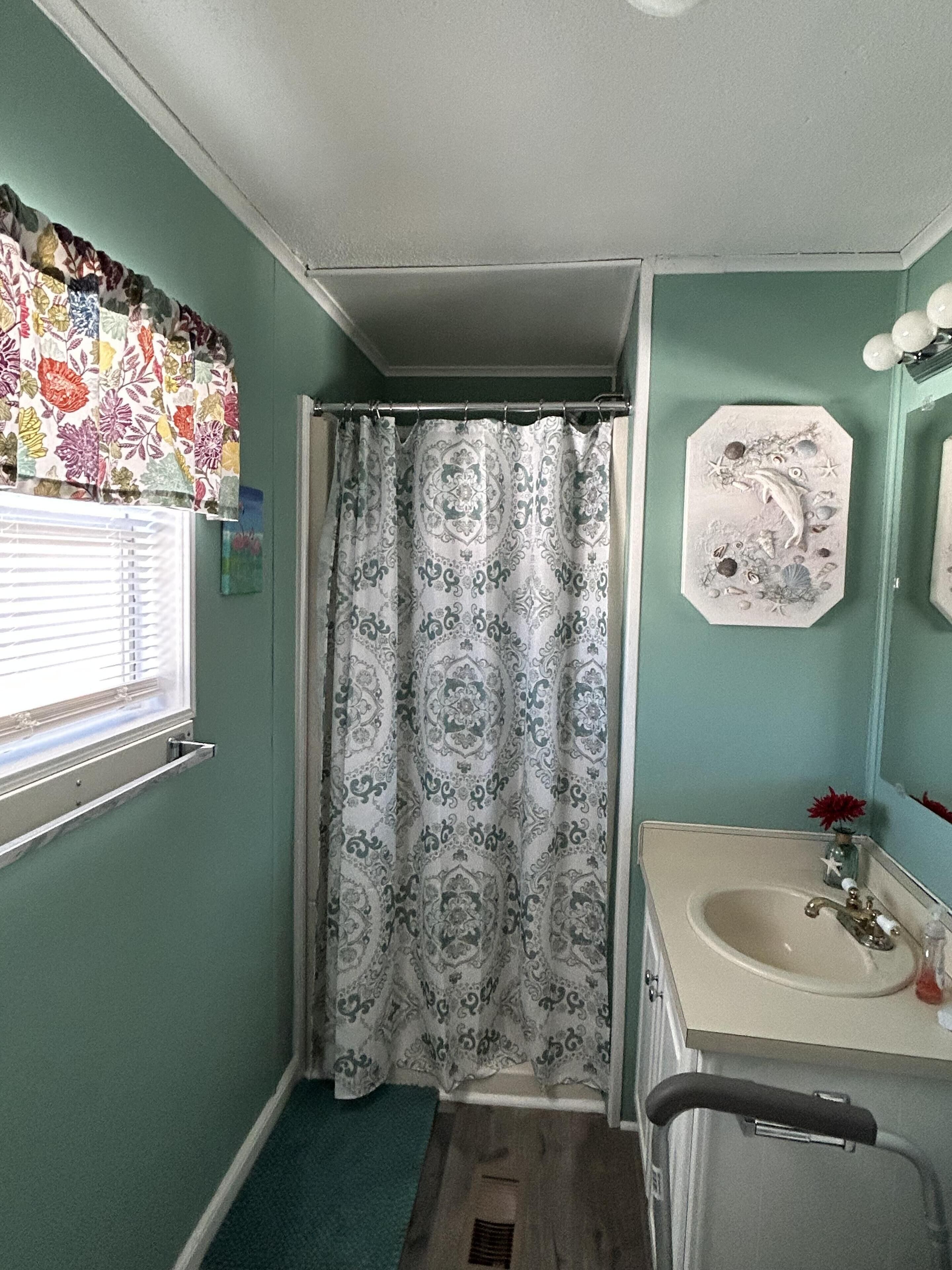 A bathroom with a shower curtain, a sink, and a mirror.