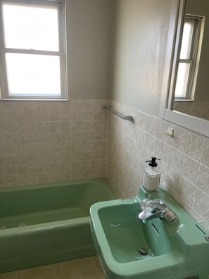 Combined shower/bathtub, hair dryer, towels, soap