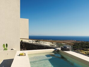 A pool with a clear view of the sea and distant mountains.