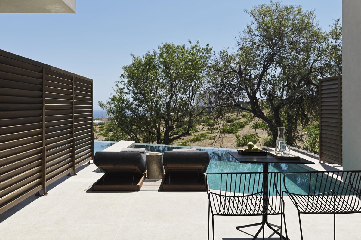 A rooftop terrace with a pool, lounge chairs, and a table.
