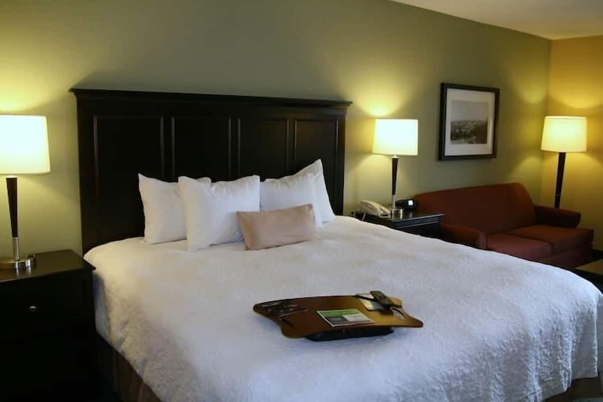 Hypo-allergenic bedding, desk, laptop workspace, blackout drapes