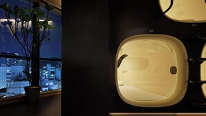 A modern bathroom with a large window, a potted plant, and a sink with a faucet. - 9h nine hours woman Shinjuku (Tokyo)