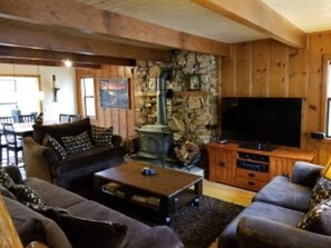 Smart TV, chimenea, libros y monitor de computadora 