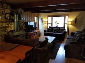 TV connectée, cheminée, livres, écrans d'ordinateur