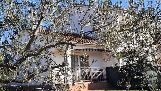 Una casa con tetto in tegole, un balcone e un giardino.