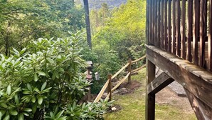 Eine Holzterrasse mit Blick auf eine üppige grüne Landschaft und ferne Berge.