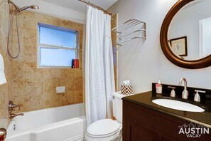 Eco-friendly toiletries, hair dryer, towels, soap