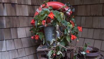 Un décor extérieur rustique avec un mur recouvert de bardeaux de bois, une lanterne en métal et une plante en pot ornée de fleurs rouges.