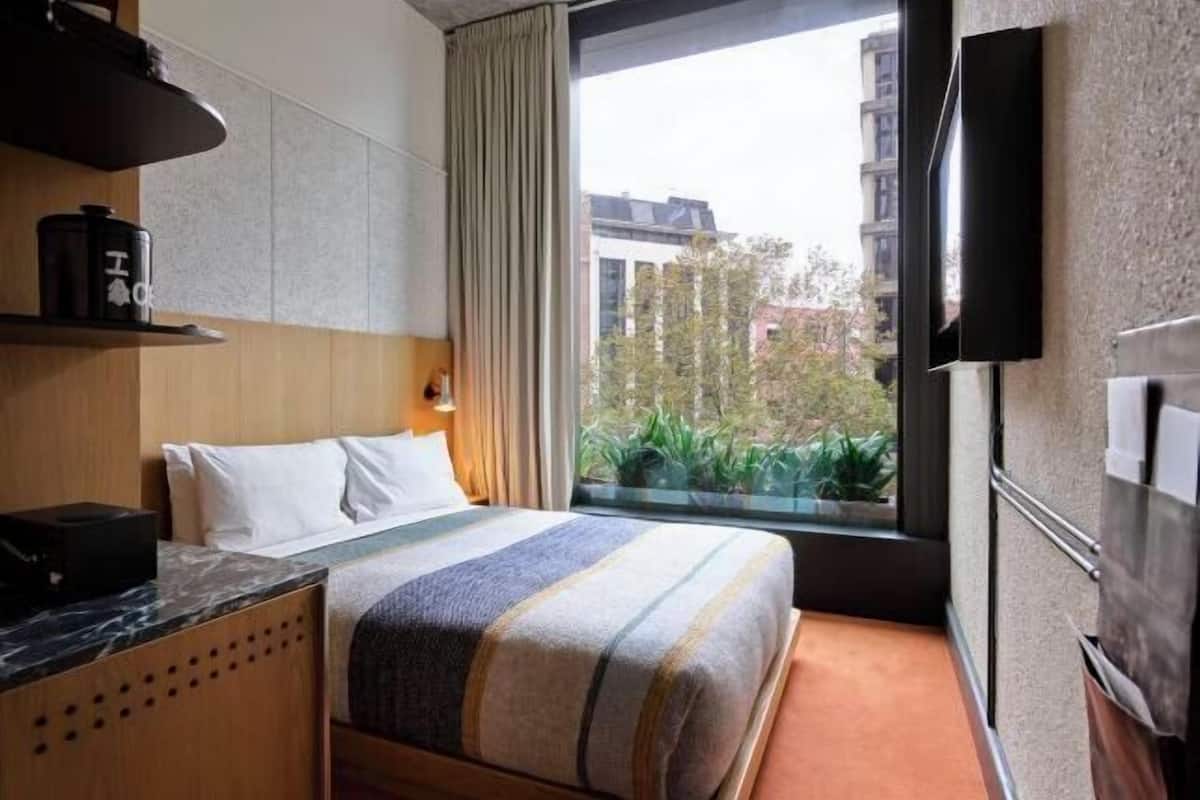 A hotel room with a bed, a TV mounted on the wall, a window with a view of buildings and trees, and a wooden desk with a lamp.