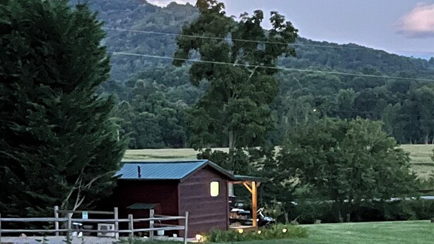 A rustic cabin with a wooden exterior and a metal roof, surrounded by a fenced yard and lush greenery.