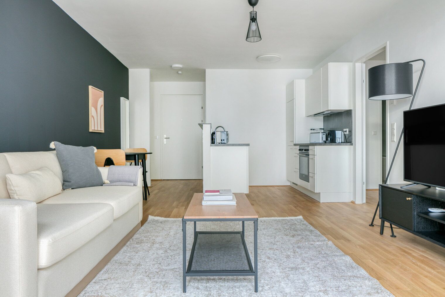 Un salon moderne avec un canapé, une table basse et un meuble pour la télévision.