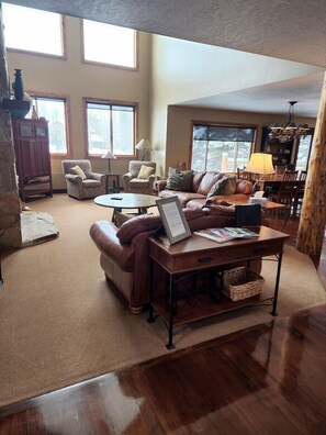 Télévision, cheminée, lecteur de DVD, livres