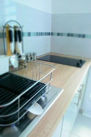 Fridge, microwave, oven, coffee/tea maker