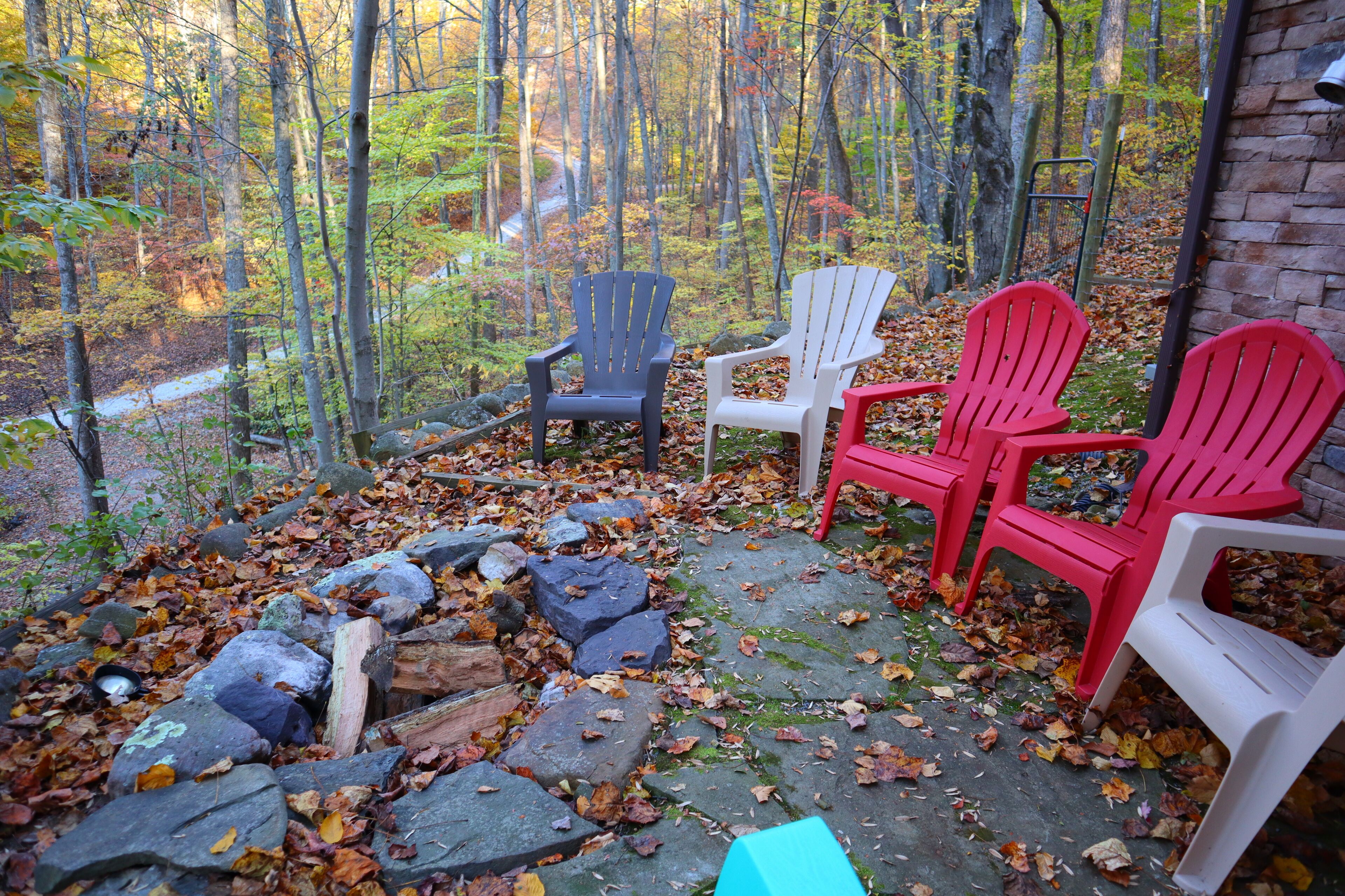 Une zone boisée avec un sentier de pierres, des rochers et quatre fauteuils Adirondack de différentes couleurs.