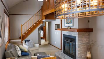 Fireplace, DVD player, books