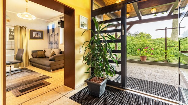 A modern living room with a sofa, a potted plant, and a view of greenery outside.