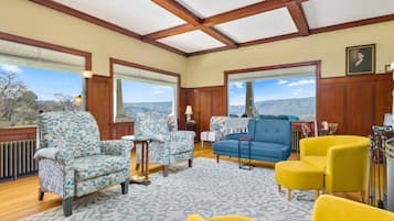 TV, fireplace, books