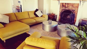 Smart TV, fireplace, music library