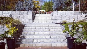 Un escalier en pierre menant à une porte blanche, entourée de plantes en pot.