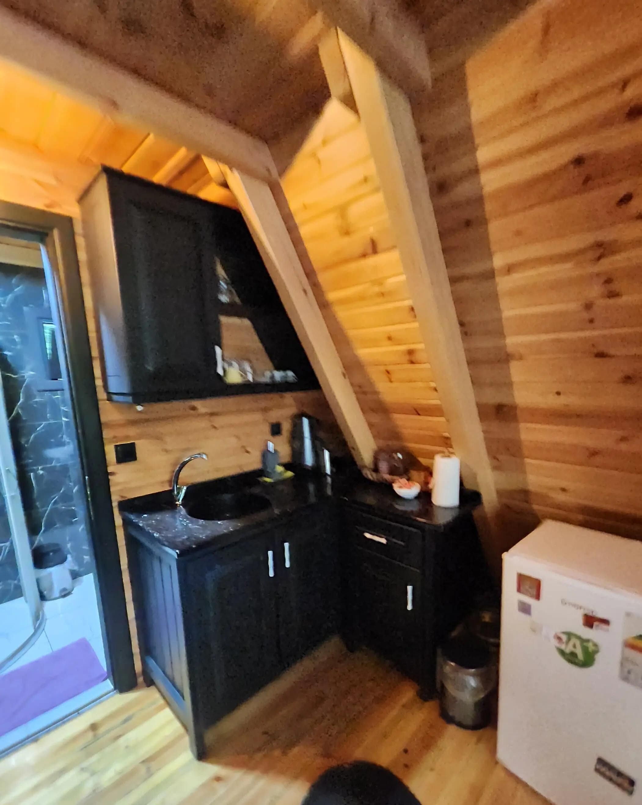 Una cocina compacta con armarios negros, un lavamanos y un refrigerador.