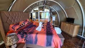 Una habitación acogedora de forma abovedada con una cama, una mesita y un televisor.