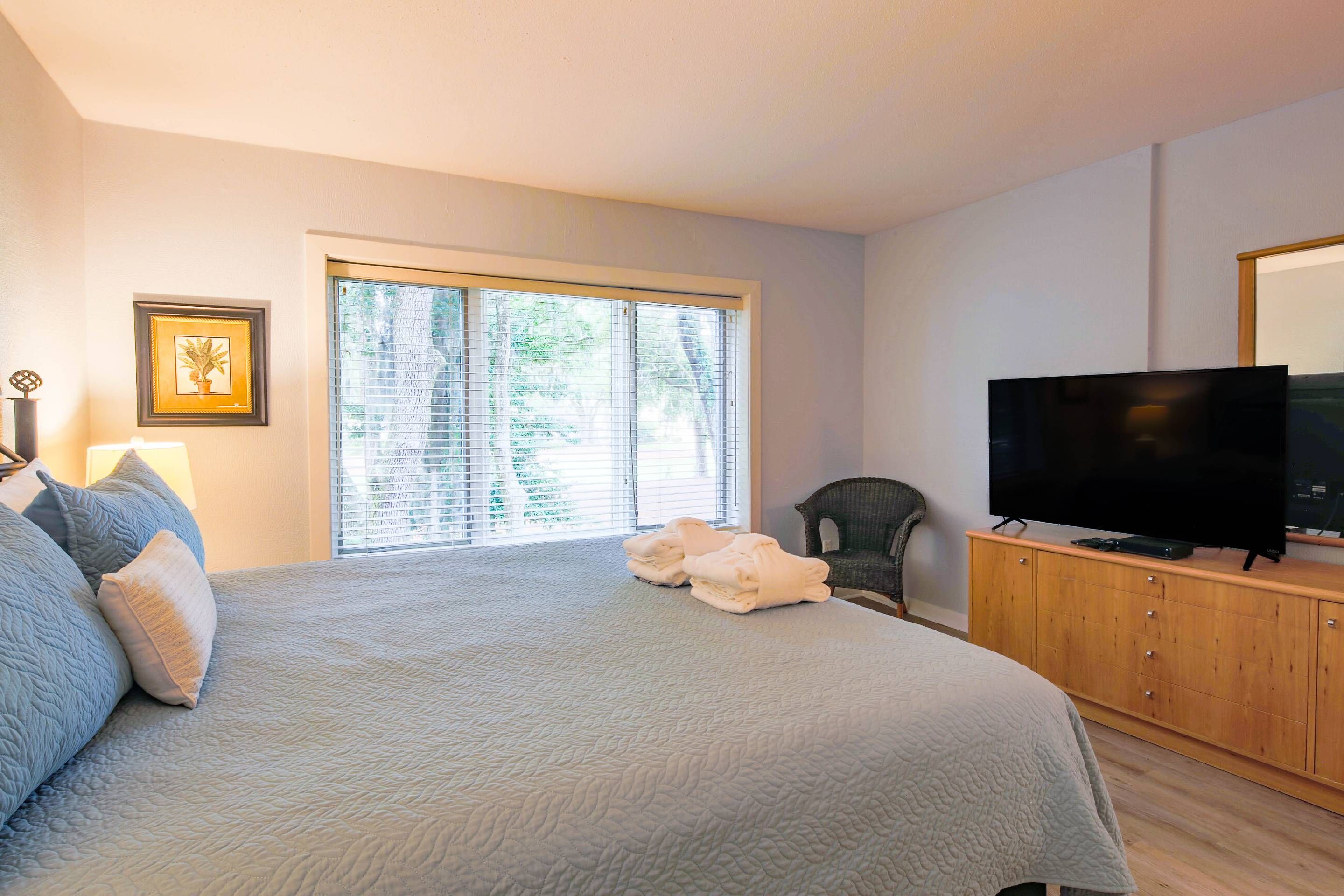 Une chambre à coucher avec un grand lit, un téléviseur posé sur un meuble en bois et une fenêtre équipée de stores.