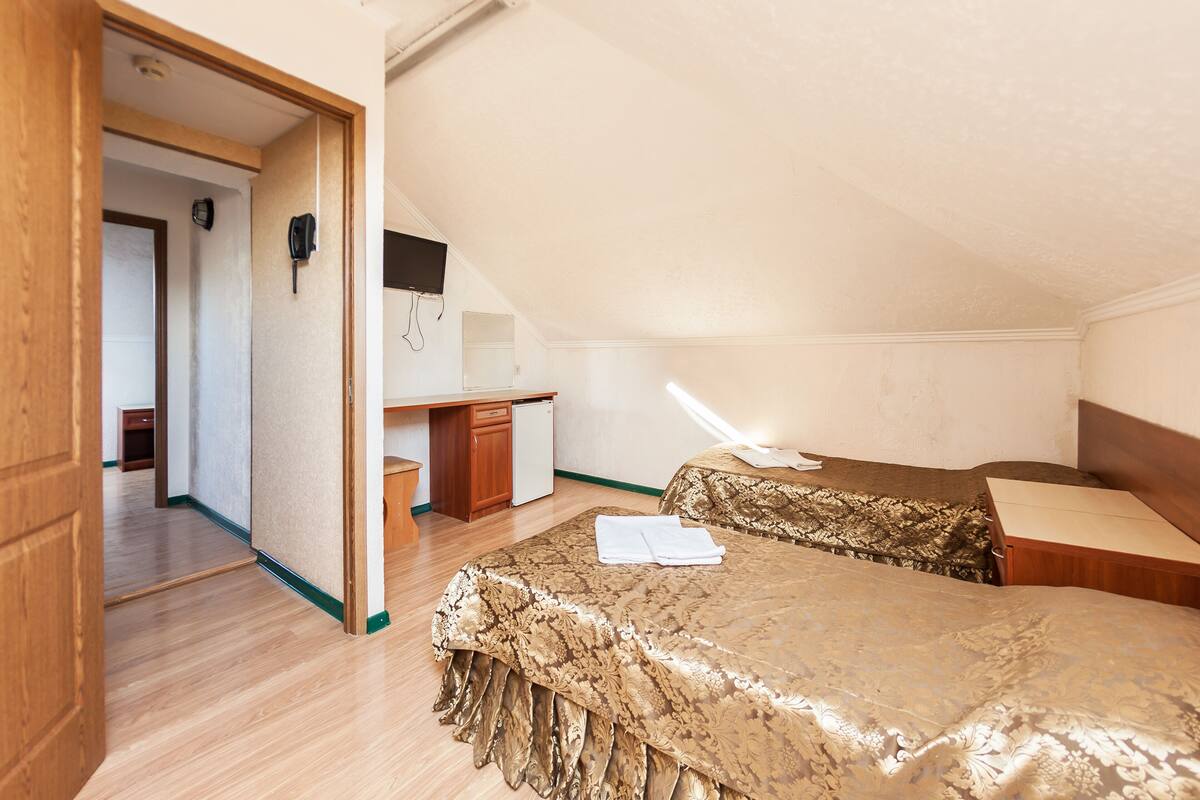 Cozy loft-style living space with a large bed, desk, and TV.
