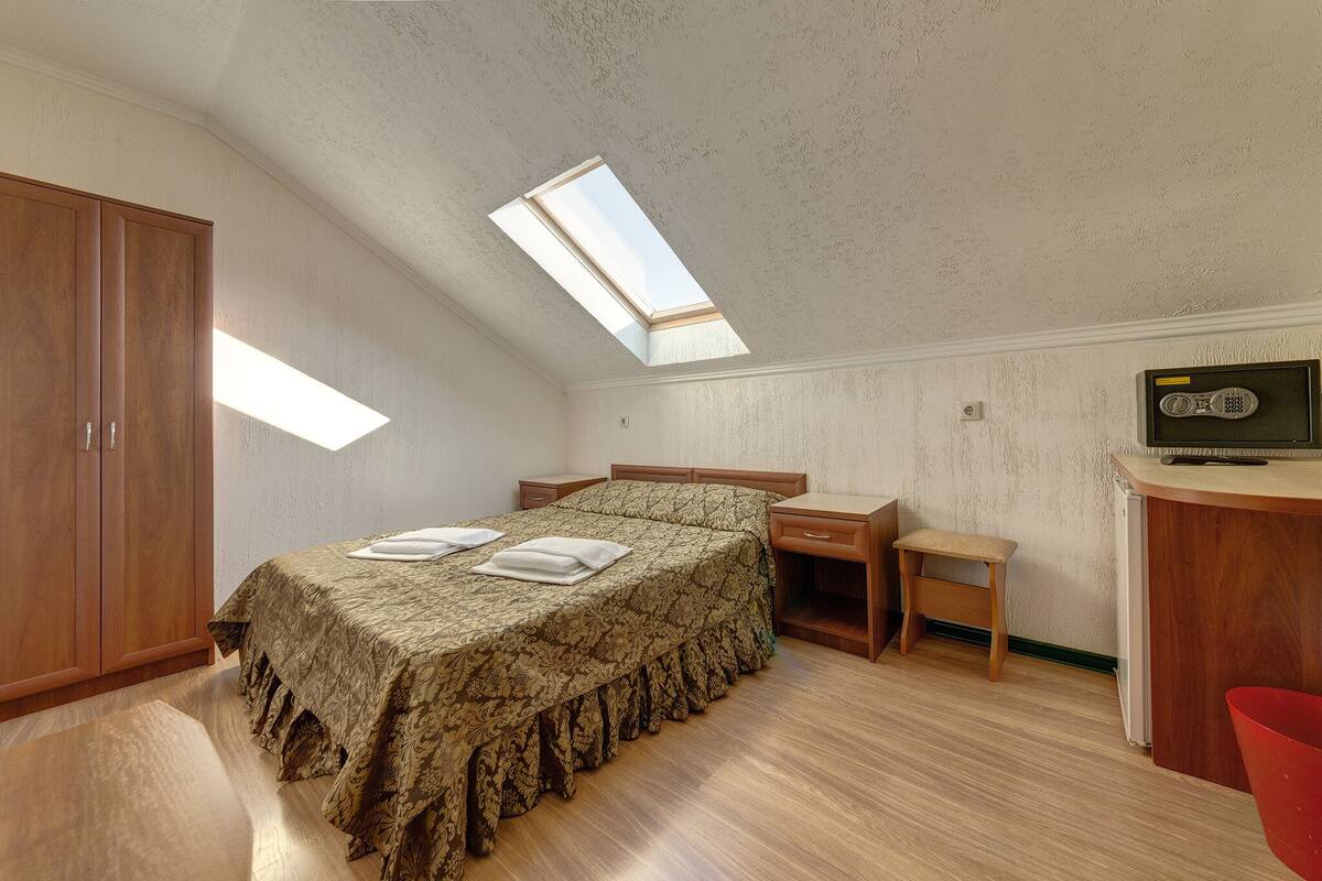 Cozy retreat with a skylight, bed, desk, and TV.