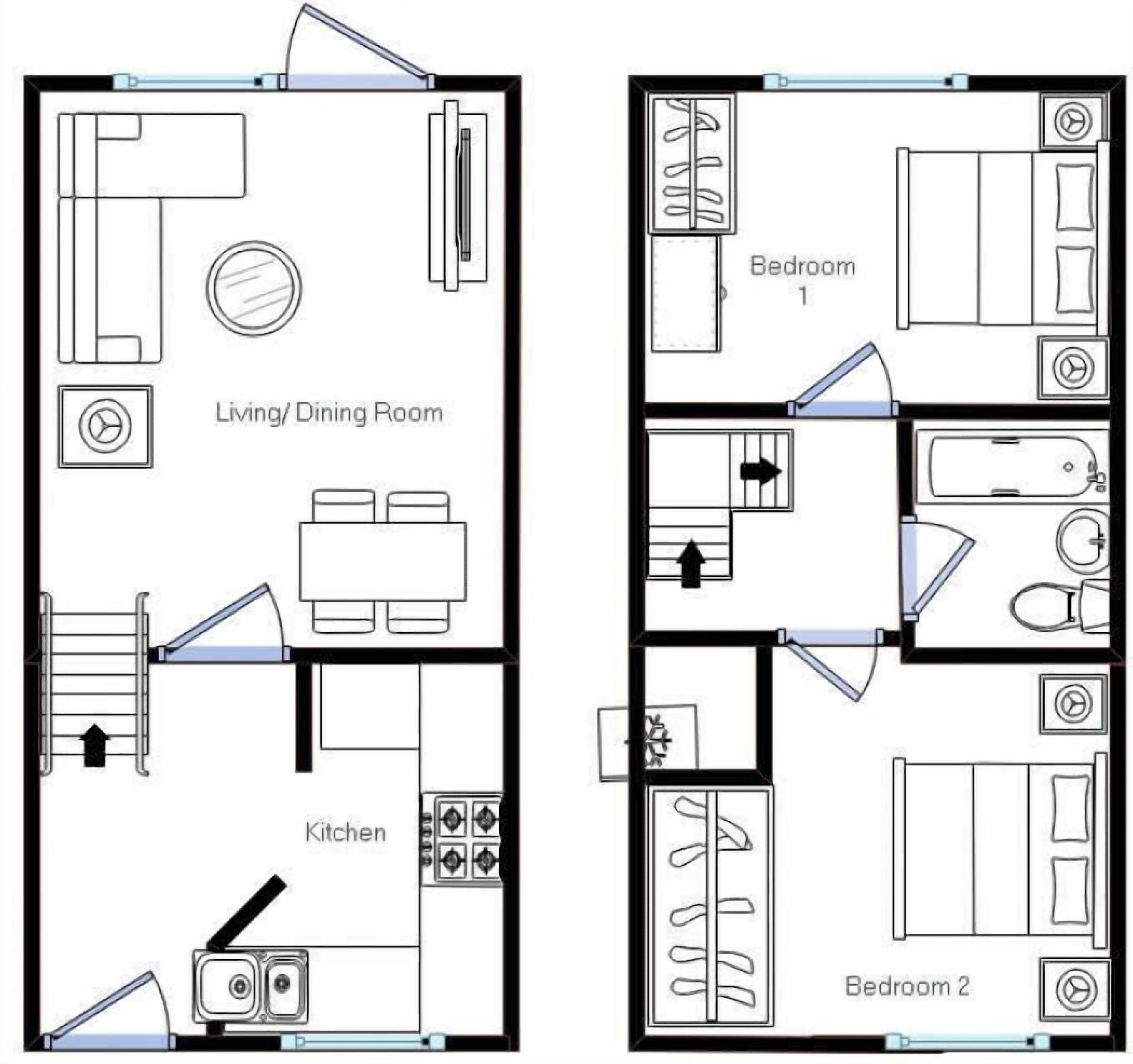 A floor plan of a hotel room with a living/dining area, kitchen, two bedrooms, and a bathroom.