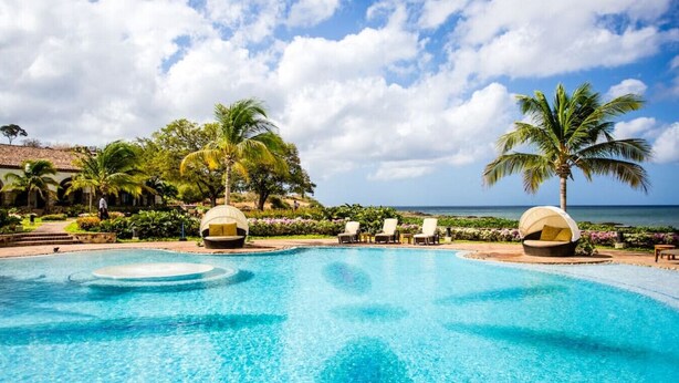 A clear blue pool with lounge chairs and palm trees, surrounded by a landscaped garden and a view of the ocean.