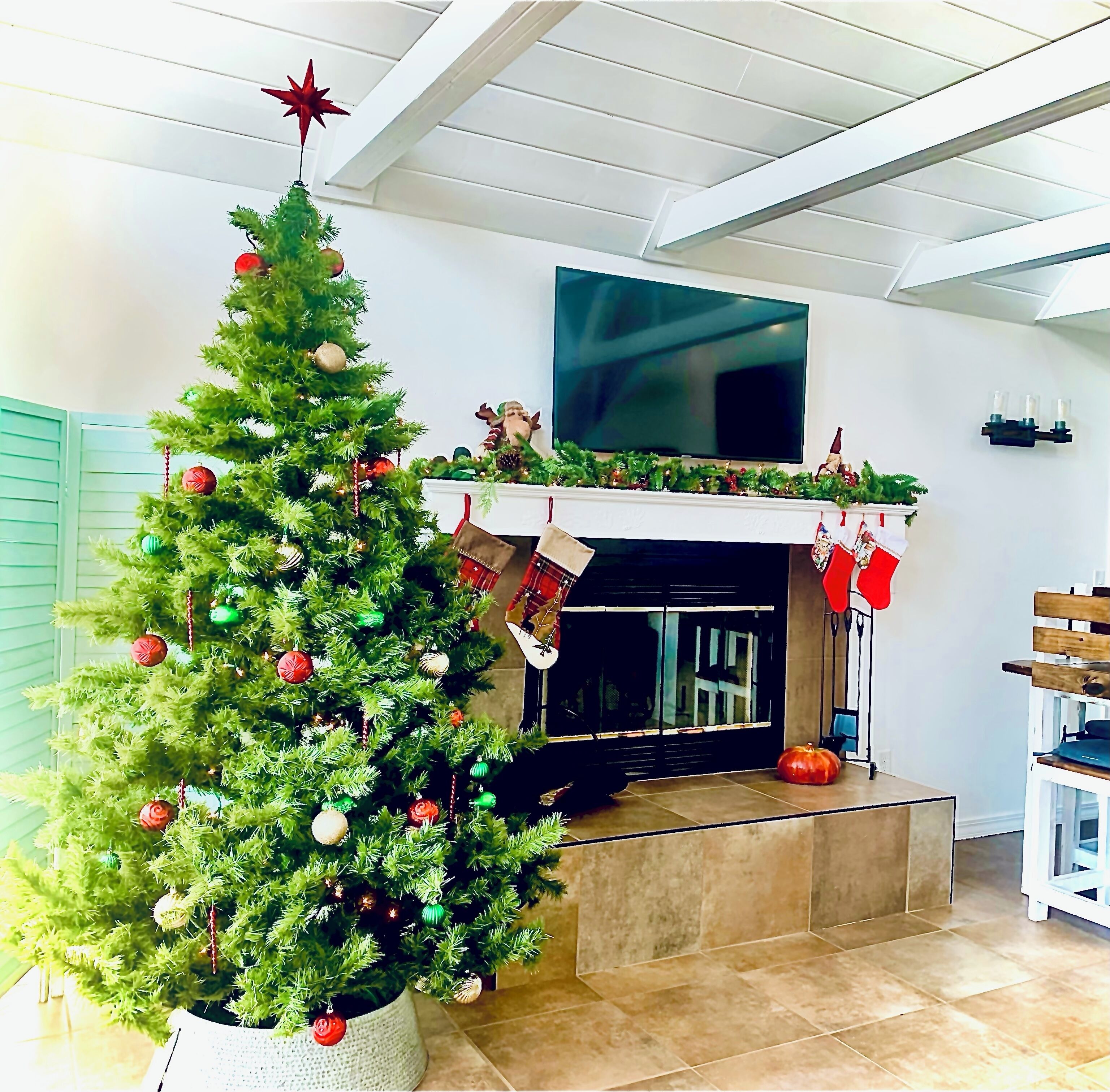 Een woonkamer met een kerstboom, een open haard en een aan de muur bevestigde televisie.