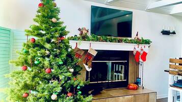 Een woonkamer met een kerstboom, een open haard en een aan de muur bevestigde televisie.