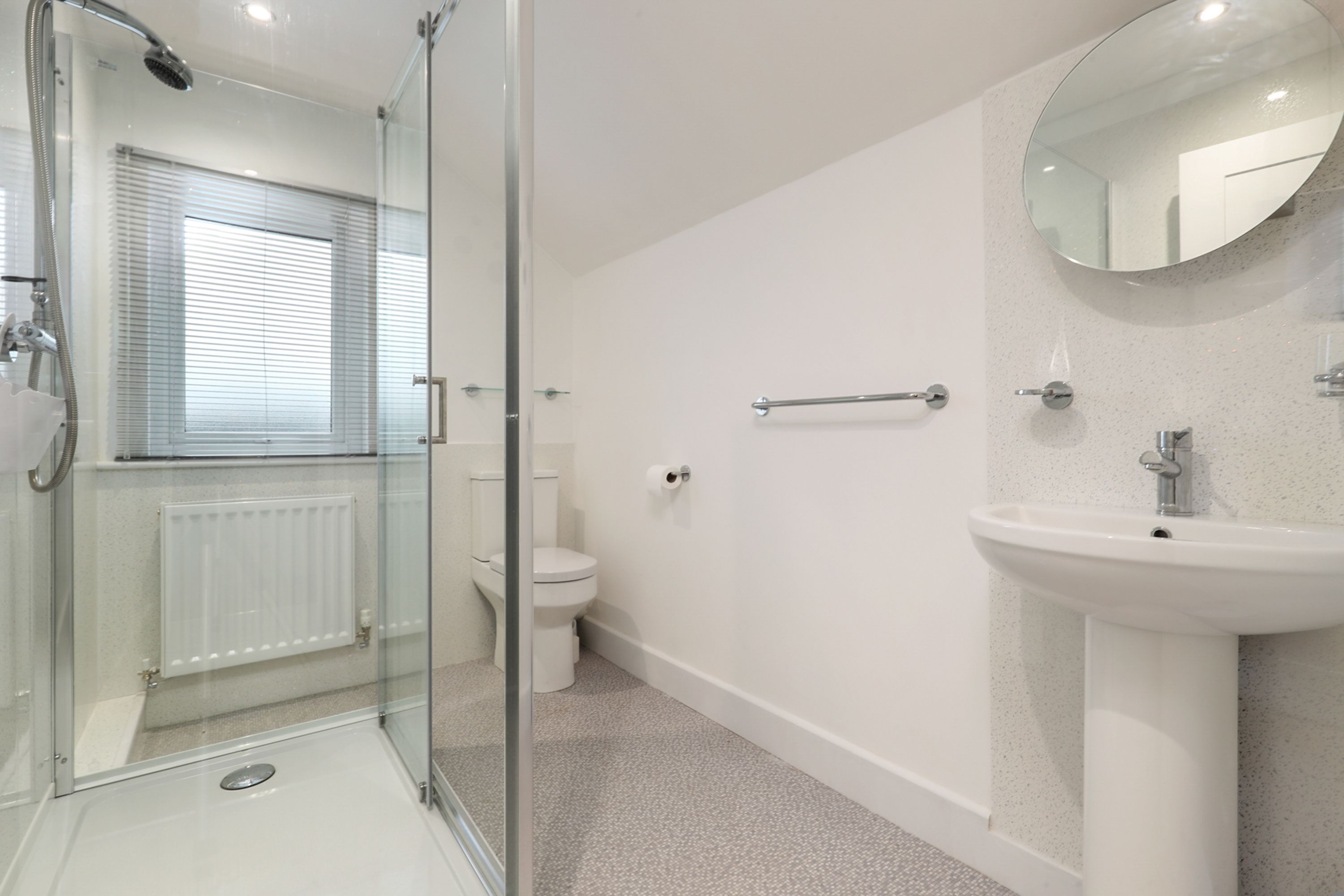 A modern bathroom with a glass shower enclosure, a toilet, a sink, and a mirror.