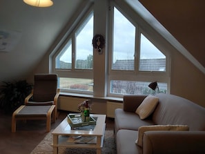 Une chambre à coucher confortable, aménagée en mezzanine, avec un plafond en pente, de grandes fenêtres, un canapé en cuir marron, un petit fauteuil et une table basse en verre.