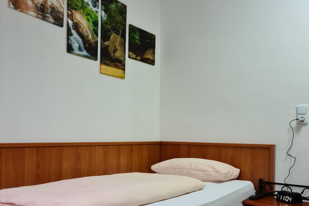 Een enkel bed met een houten hoofdbord, een nachtkastje met een klok, en drie ingelijste foto's aan de muur.