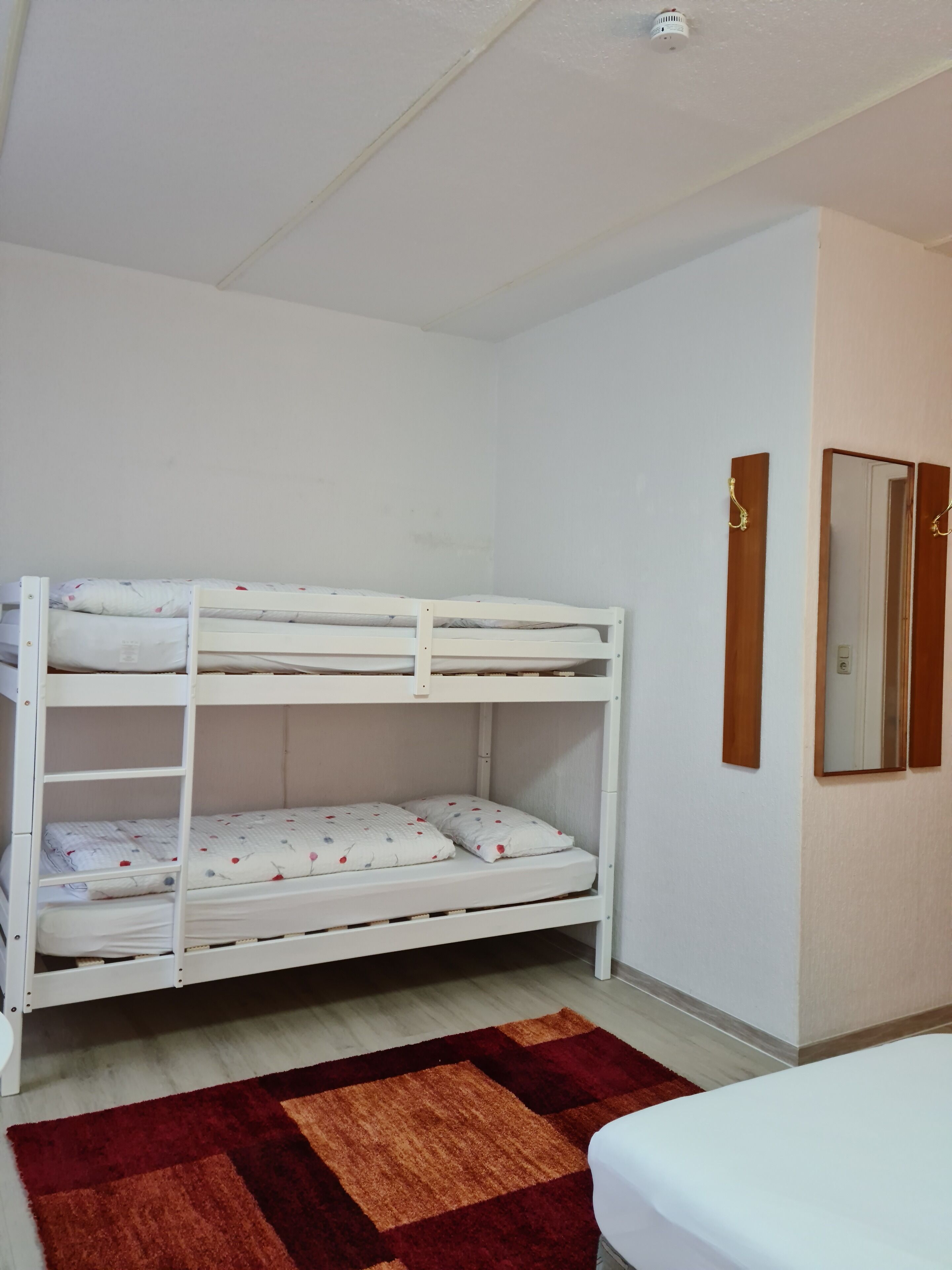 A bunk bed room with a wooden headboard, a mirror, and a red and brown rug on the floor.
