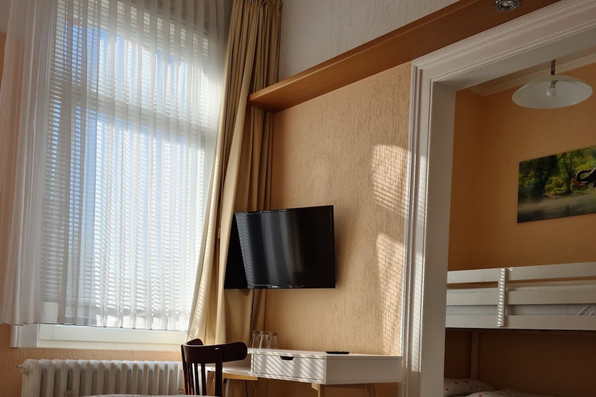 Een hotelkamer met een bed, een bureau met een flatscreen televisie, een stoel, een radiator en een stapelbed.