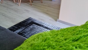 A modern living room with a grey and black rug, a green furry sofa, and a dining area with white chairs and a table. - Pension Kreihe (Bad Lauterberg)