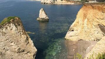 A coastal landscape with rocky cliffs and clear water.