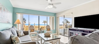 Oceanfront 1BR condo with king bed, pool, tennis, and beach access.