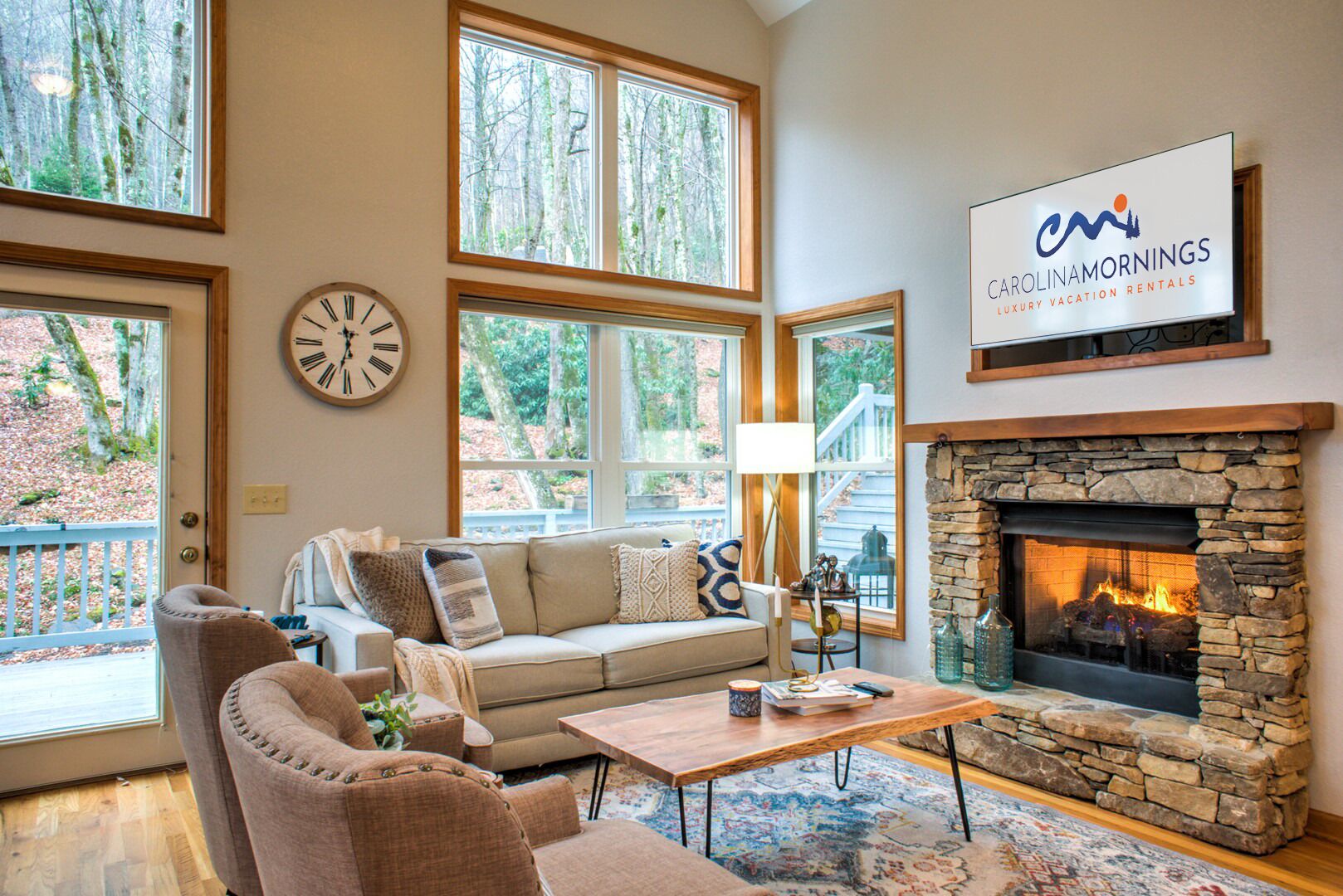 Smart TV, fireplace, books, offices