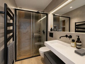 Regadera, secadora de cabello, toallas, jabón 