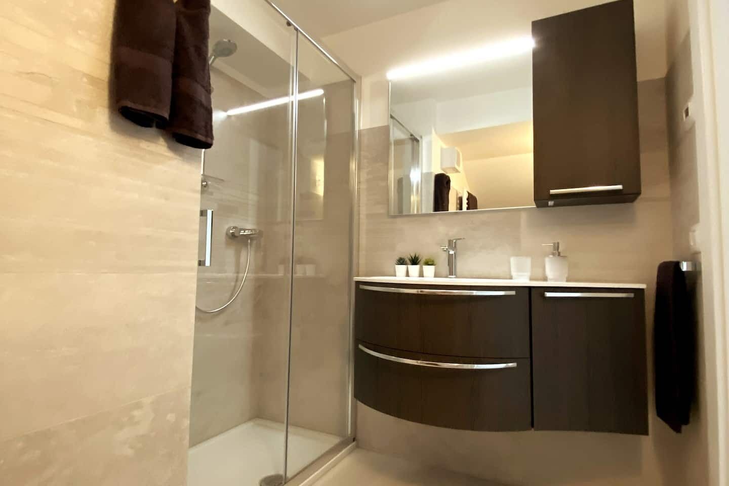 Regadera, secadora de cabello, bidet, toallas 