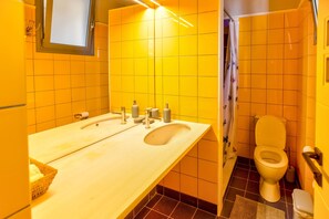 Combined shower/bathtub, hair dryer, towels, soap