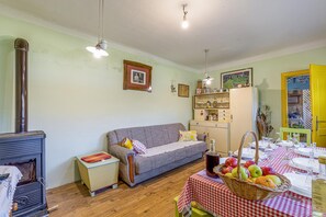 Family House, Multiple Bedrooms, 2 Bathrooms (Rural Homestead Trenkovo) | Living area | 21-inch TV with digital channels, fireplace, stereo - Rural Homestead Trenkovo (Velika)