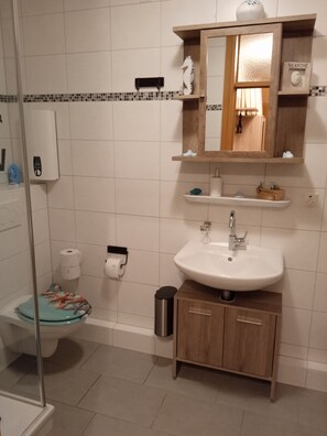 Shower, hair dryer, soap