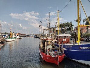 A harbor with various boats docked, including a red boat named 'YVONNE BUSUM' and a blue boat named 'CONDOR'.
