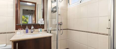 A bathroom with a glass shower enclosure, a vanity with a mirror, and a toilet.
