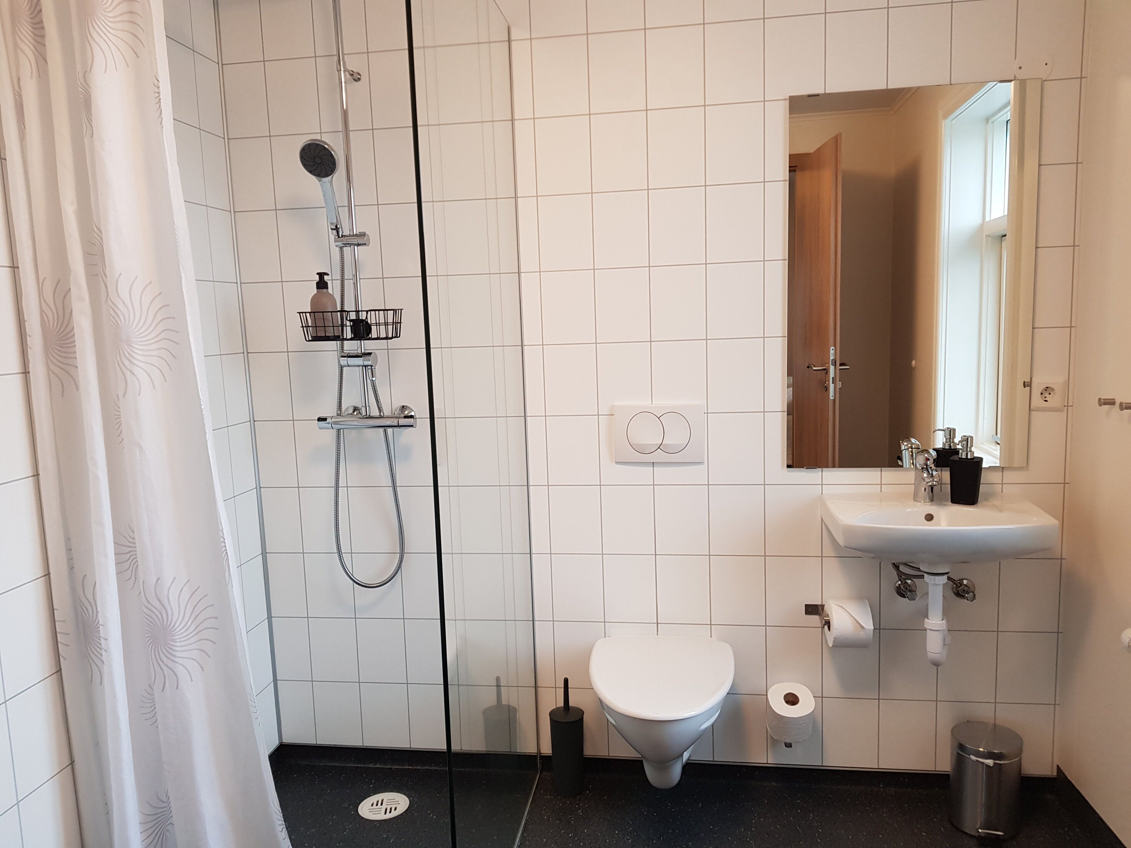 shower, rainfall showerhead, hair dryer, towels